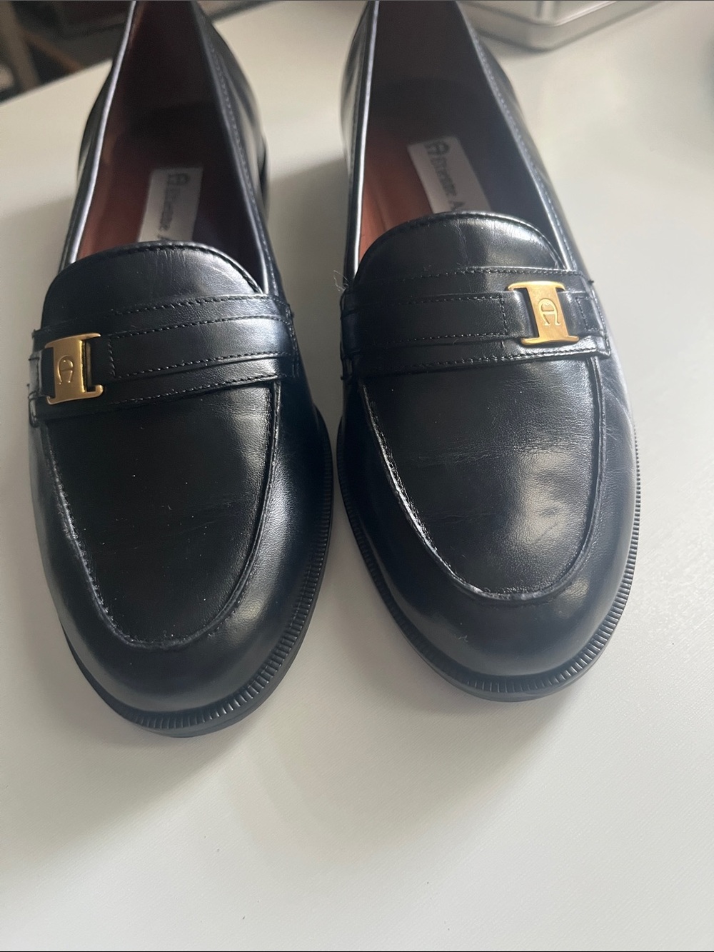 Etienne Aigner Black Leather Slip-On Loafers with Gold Hardware Size 6M